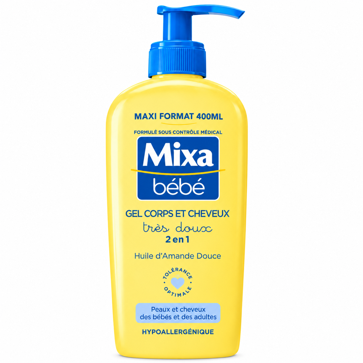 MIXA BÉBÉ GEL TRÈS DOUX 2 EN 1 CORPS ET CHEVEUX À L’HUILE D’AMANDE DOUCE 400ML