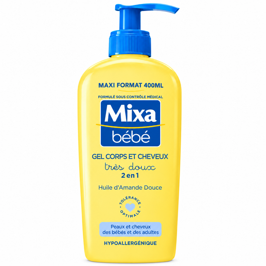 MIXA BÉBÉ GEL TRÈS DOUX 2 EN 1 CORPS ET CHEVEUX À L’HUILE D’AMANDE DOUCE 400ML