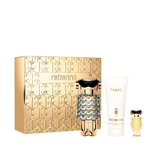 PACO RABANNE FAME 80ML EDP + 100ML LAIT POUR LE CORPS + 4ML VAPORISATEUR MINIATURE POUR FEMME, COFFRET CADEAU