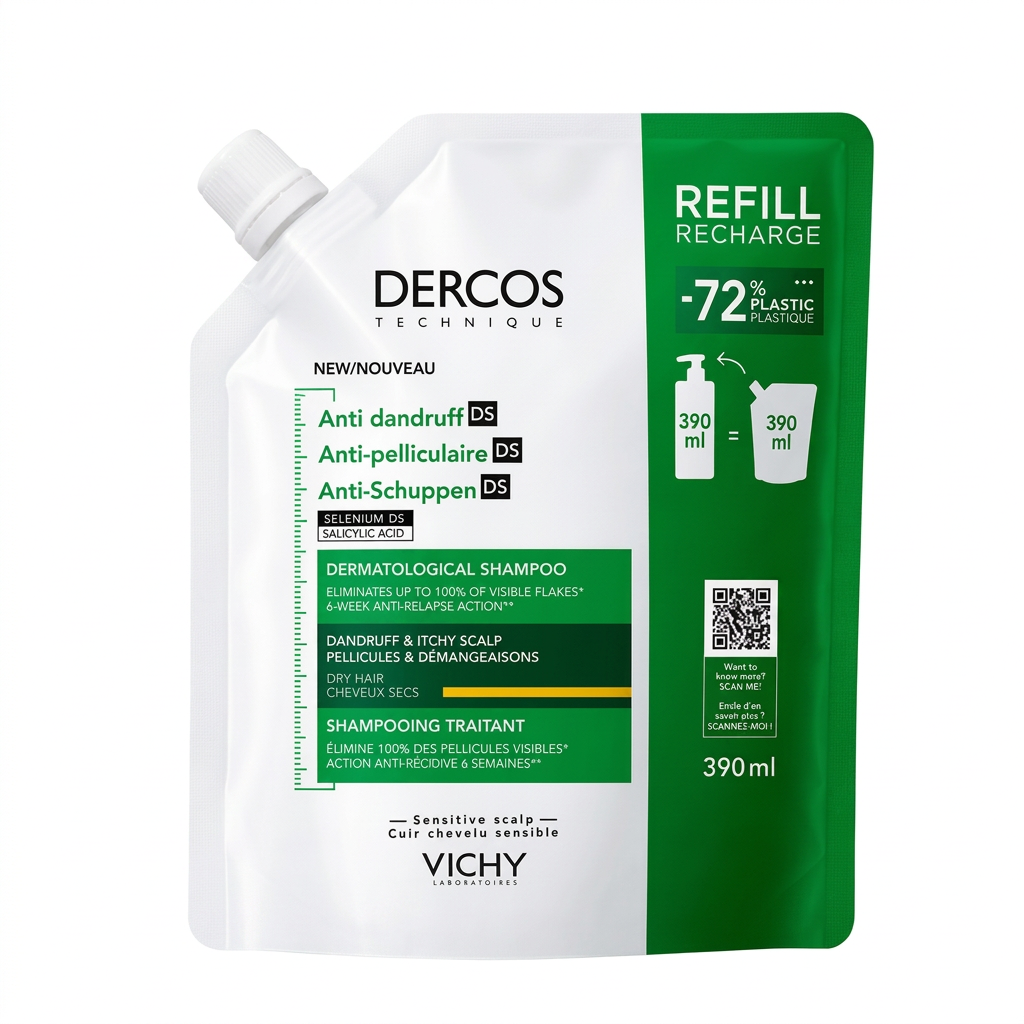 VICHY DERCOS SHAMPOOING ANTI-PELLICULAIRE DS RECHARGE CHEVEUX SECS 390 ML
