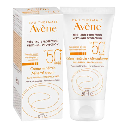 Avène crème minérale, Avène SPF50+, crème solaire peaux allergiques, crème solaire sans filtre chimique, crème solaire peau sensible, Avène solaire 50+, protection solaire minérale, crème solaire enfants, Avène Maroc, beautyfamily.ma