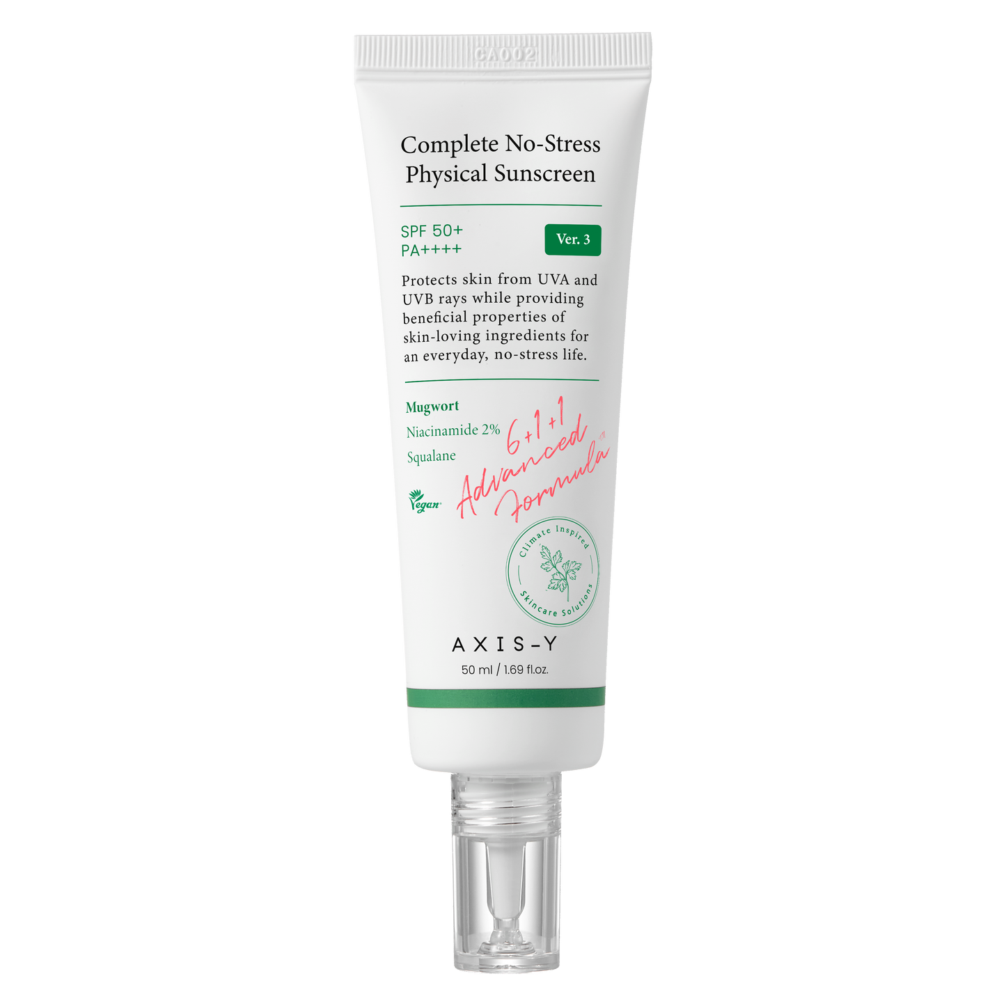 Complete No-Stress Physical Sunscreen, AXIS-Y sunscreen, crème solaire physique, SPF 50+, protection solaire, écran solaire 50ml, protection UVA/UVB, écran solaire non-gras, crème solaire hydratante, soin solaire pour peau sensible, soin anti-âge, crème solaire pour peau délicate, protection solaire quotidienne, soins peau, BeautyFamily.ma