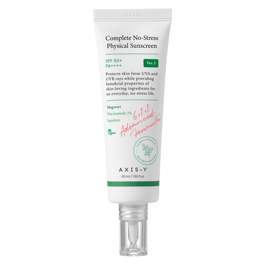 Complete No-Stress Physical Sunscreen, AXIS-Y sunscreen, crème solaire physique, SPF 50+, protection solaire, écran solaire 50ml, protection UVA/UVB, écran solaire non-gras, crème solaire hydratante, soin solaire pour peau sensible, soin anti-âge, crème solaire pour peau délicate, protection solaire quotidienne, soins peau, BeautyFamily.ma