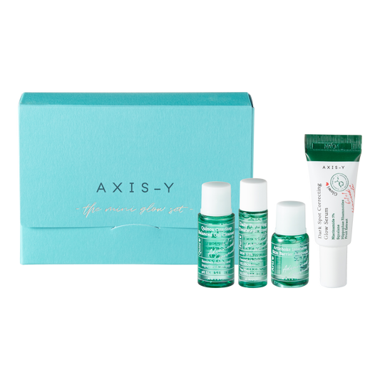 The Mini Glow Set, AXIS-Y mini set, kit de soin mini, mini set glow, mini soins peau éclatante, kit pour peau lumineuse, soin voyage, soins anti-âge, soins peau rayonnante, mini soins hydratants, BeautyFamily.ma, soin complet peau, **Mini Glow Set** AXIS-Y, **Mini PHA Resurfacing Glow Peel**, **Mini Heartleaf My Type Calming Cream**, **Mini Spot The Difference Blemish Treatment**, **Mini Quinoa One-Step Balanced Gel Cleanser**