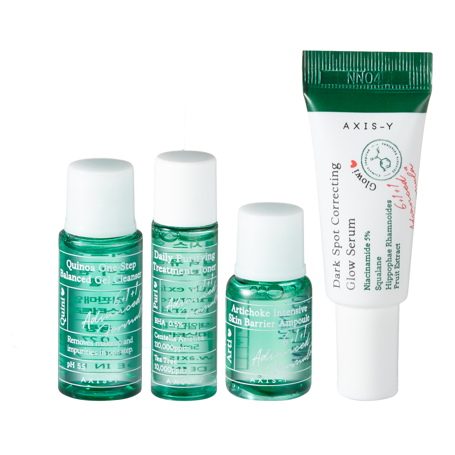 The Mini Glow Set, AXIS-Y mini set, kit de soin mini, mini set glow, mini soins peau éclatante, kit pour peau lumineuse, soin voyage, soins anti-âge, soins peau rayonnante, mini soins hydratants, BeautyFamily.ma, soin complet peau, **Mini Glow Set** AXIS-Y, **Mini PHA Resurfacing Glow Peel**, **Mini Heartleaf My Type Calming Cream**, **Mini Spot The Difference Blemish Treatment**, **Mini Quinoa One-Step Balanced Gel Cleanser**