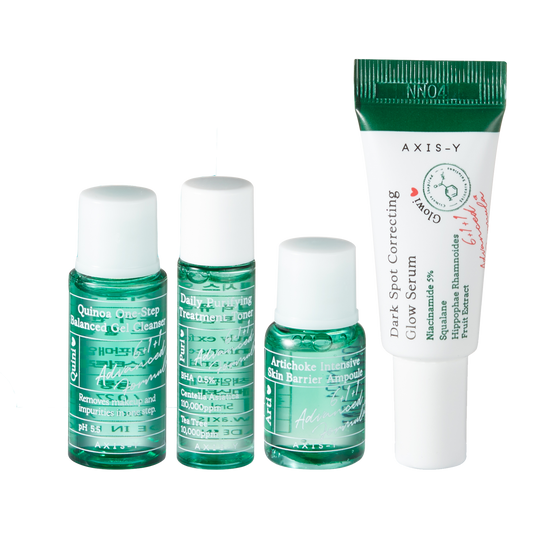 The Mini Glow Set, AXIS-Y mini set, kit de soin mini, mini set glow, mini soins peau éclatante, kit pour peau lumineuse, soin voyage, soins anti-âge, soins peau rayonnante, mini soins hydratants, BeautyFamily.ma, soin complet peau, **Mini Glow Set** AXIS-Y, **Mini PHA Resurfacing Glow Peel**, **Mini Heartleaf My Type Calming Cream**, **Mini Spot The Difference Blemish Treatment**, **Mini Quinoa One-Step Balanced Gel Cleanser**