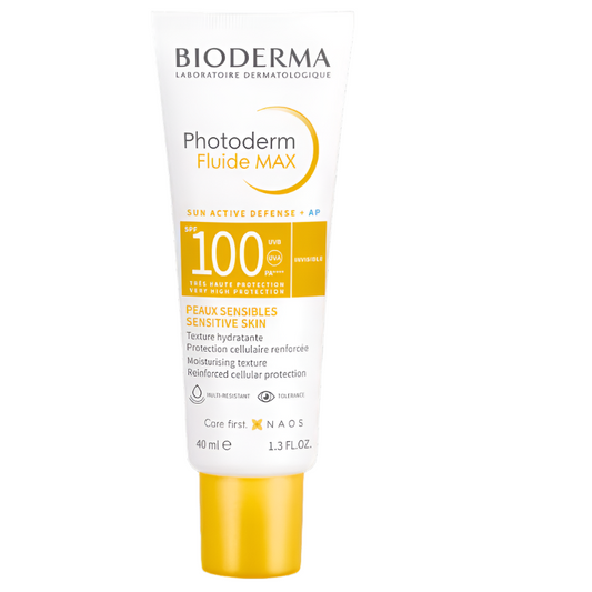 Bioderma Photoderm SPF100, crème solaire Bioderma Maroc, protection solaire très haute, fluide solaire peau sensible, Bioderma Photoderm Fluide MAX, écran solaire visage, beautyfamily.ma
