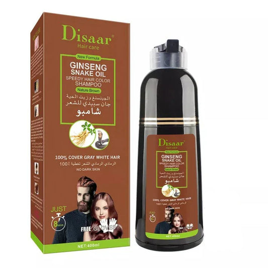 shampooing colorant rapide cheveux blancs, coloration brune ginseng snake oil, Disaar Nature Brown Maroc, shampooing sans ammoniaque, coloration maison argan, soin cheveux colorés rapide, shampooing couvre gris, colorant doux cheveu, BeautyFamily coloration cheveux maison, Disaar coloration rapide