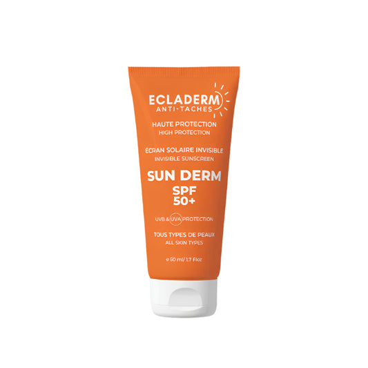 écran solaire invisible Maroc, crème solaire anti-taches SPF50, protection UV visage, Ecladerm Sun Derm SPF50, crème solaire peau sensible, écran solaire anti taches Maroc, solaire non grasse visage, protection invisible SPF50 Maroc, BeautyFamily écran solaire