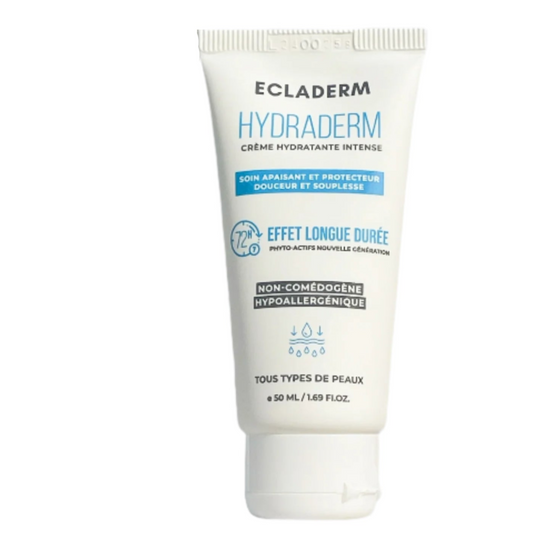 crème hydratante 72h Ecladerm, hydratation intense visage, acide hyaluronique peau sèche, crème visage non grasse, soin peau sensible Maroc, Ecladerm HydraDerm Maroc, crème hydratante légère, BeautyFamily hydratation