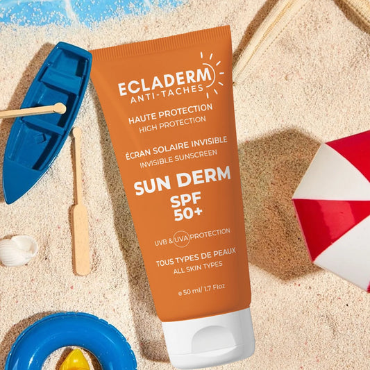 écran solaire invisible Maroc, crème solaire anti-taches SPF50, protection UV visage, Ecladerm Sun Derm SPF50, crème solaire peau sensible, écran solaire anti taches Maroc, solaire non grasse visage, protection invisible SPF50 Maroc, BeautyFamily écran solaire