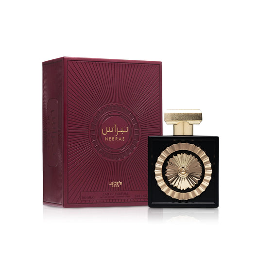 nebras lattafa, lattafa nebras unisexe, parfum lattafa maroc, parfum oriental vanille gourmand, eau de parfum lattafa 100ml, parfum sucre cacao vanille, parfum longue tenue maroc, acheter parfum lattafa maroc, beautyfamily lattafa — NEBRAS Eau de Parfum Lattafa 100 ml unisexe, parfum oriental vanillé gourmand aux notes de baies rouges, vanille et cacao, disponible au Maroc sur beautyfamily.ma