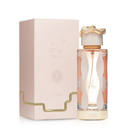teriaq lattafa, lattafa teriaq femme, parfum lattafa maroc, parfum oriental gourmand femme, eau de parfum lattafa 100ml, parfum caramel amande abricot, parfum miel fleurs blanches rose, parfum vanille cuir vétiver maroc, acheter teriaq maroc, beautyfamily lattafa — TERIAQ Eau de Parfum Lattafa 100 ml pour femme, parfum oriental gourmand floral aux notes de poivre rose, caramel, amande amère, abricot, miel, fleurs blanches, rhubarbe, rose, vanille, cuir, labdanum, disponible au Maroc sur beautyfamily.ma