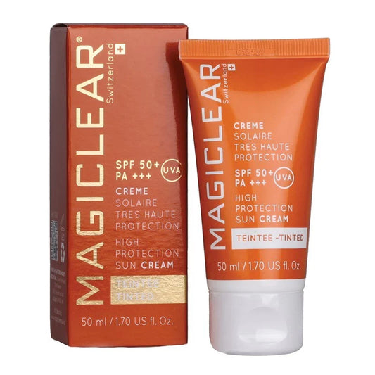 Magiclear, crème solaire teintée, SPF50+ PA+++, soin anti-âge solaire, protection UVA/UVB, teint lumineux SPF, hydratation solaire visage, crème solaire Maroc, Magiclear teintée 50ml, BeautyFamily.ma solaire, crème anti-radicaux libres