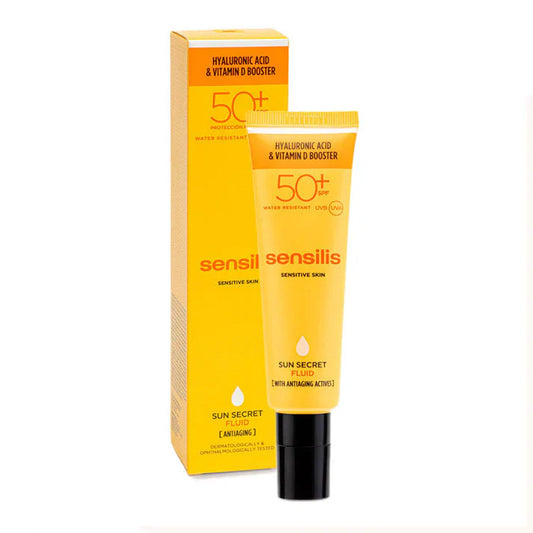 sensilis sun secret fluide spf50+, crème solaire anti-âge visage, écran solaire acide hyaluronique, protection solaire haute spf 50 maroc, crème solaire peaux sensibles, fluide solaire fini mat, écran solaire anti rides, crème solaire hydratante visage, anti-âge protection uv, sensilis maroc, beautyfamily.ma, crème solaire invisible, écran solaire vitamine e, fluide solaire résistant à l’eau