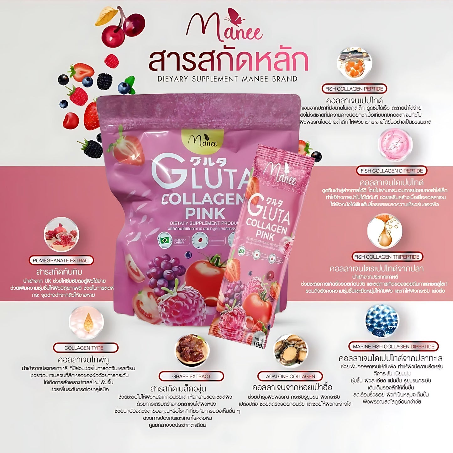 Manee Gluta Collagen Pink – 30 Capsules | Supplément Alimentaire Beauté & Éclat de la Peau