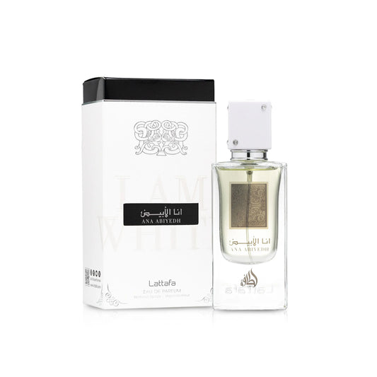 Lattafa Ana Abiyedh, Ana Abiyedh Eau de Parfum 60 ml, parfum Lattafa oriental fruité, parfum musqué Longue Tenue, parfum vanille poire, parfum frais et doux, acheter parfum Lattafa Maroc, beautyfamily.ma, أنا أبيض