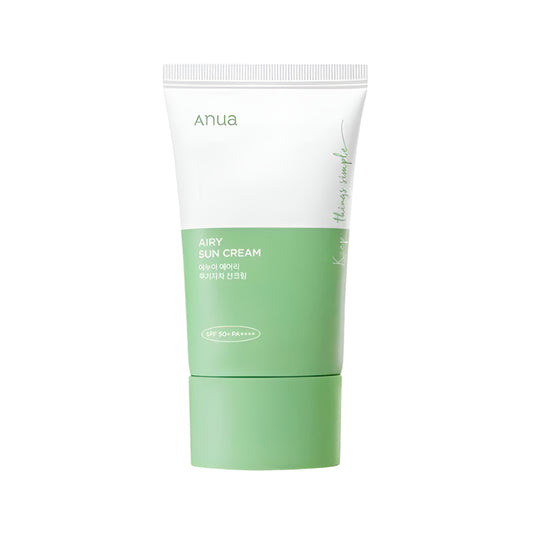 ANUA Airy Sun Cream, crème solaire SPF50+, crème solaire PA++++, crème solaire hydratante, crème solaire légère, crème solaire non grasse, crème solaire effet matifiant, protection UV, crème peau sensible, soin anti-UV, acide hyaluronique crème solaire, extrait de camomille, extrait de thé vert, protection solaire peau, crème solaire peau déshydratée, BeautyFamily.ma, soin peau protégée, soins anti-âge, soins peau exposée soleil