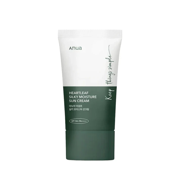 ANUA Heartleaf Silky Moisture Sun Cream, crème solaire SPF50, protection solaire UVA UVB, crème hydratante, crème solaire légère, crème apaisante, crème solaire pour peau sensible, Heartleaf, protection UV, soins peau éclatante, crème non grasse, soins de la peau, soins solaires, BeautyFamily.ma