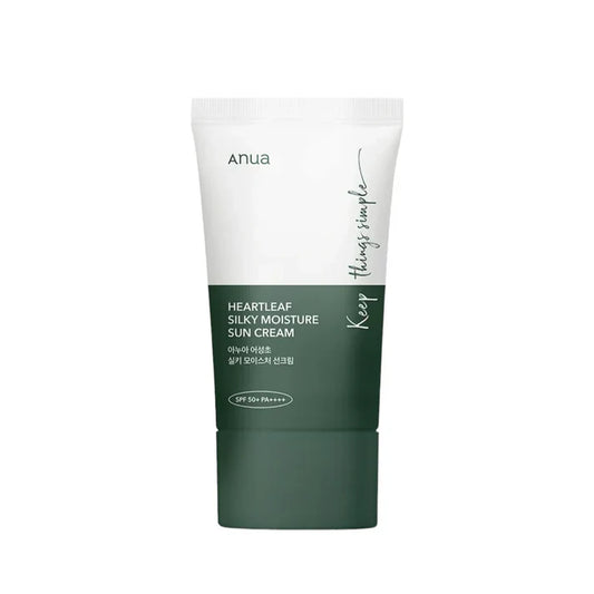 ANUA Heartleaf Silky Moisture Sun Cream, crème solaire SPF50, protection solaire UVA UVB, crème hydratante, crème solaire légère, crème apaisante, crème solaire pour peau sensible, Heartleaf, protection UV, soins peau éclatante, crème non grasse, soins de la peau, soins solaires, BeautyFamily.ma