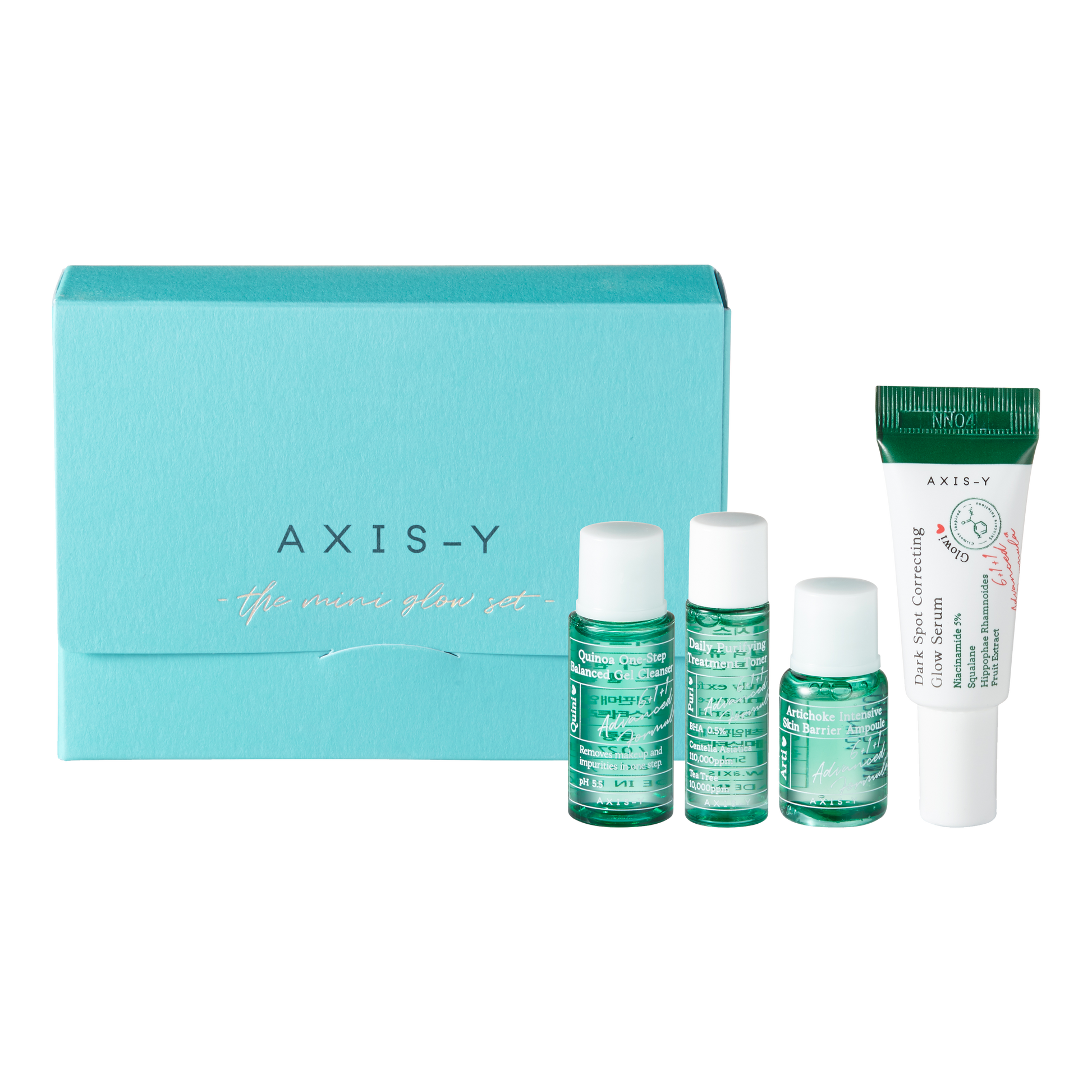 The Mini Glow Set, AXIS-Y mini set, kit de soin mini, mini set glow, mini soins peau éclatante, kit pour peau lumineuse, soin voyage, soins anti-âge, soins peau rayonnante, mini soins hydratants, BeautyFamily.ma, soin complet peau, **Mini Glow Set** AXIS-Y, **Mini PHA Resurfacing Glow Peel**, **Mini Heartleaf My Type Calming Cream**, **Mini Spot The Difference Blemish Treatment**, **Mini Quinoa One-Step Balanced Gel Cleanser**
