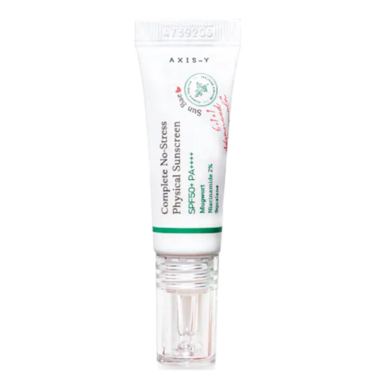 Complete No-Stress Physical Sunscreen, AXIS-Y sunscreen, crème solaire 10ml, écran solaire physique, protection solaire, SPF50+, crème solaire anti-stress, protection UVA/UVB, soin solaire hydratant, écran solaire non-gras, crème solaire pour peau sensible, crème s
