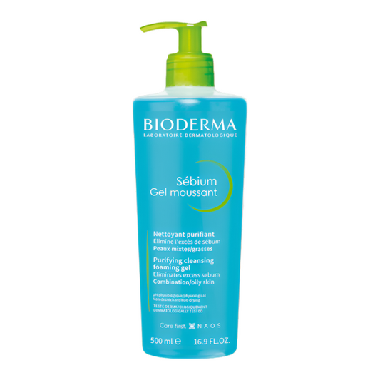 Bioderma Sébium Gel Moussant, nettoyant peaux grasses, gel visage anti-imperfections, Bioderma Maroc, sébum régulateur, nettoyant sans savon acné, soins visage mixtes à grasses, beautyfamily.ma
