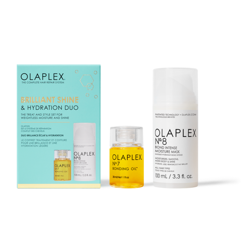 Olaplex, shine hydration duo, bonding oil No.7, bond intense moisture mask No.8, soin cheveux abîmés, duo capillaire, huile brillance cheveux, masque hydratant cheveux, protection thermique cheveux, vegan haircare, beautyfamily.ma, Maroc
