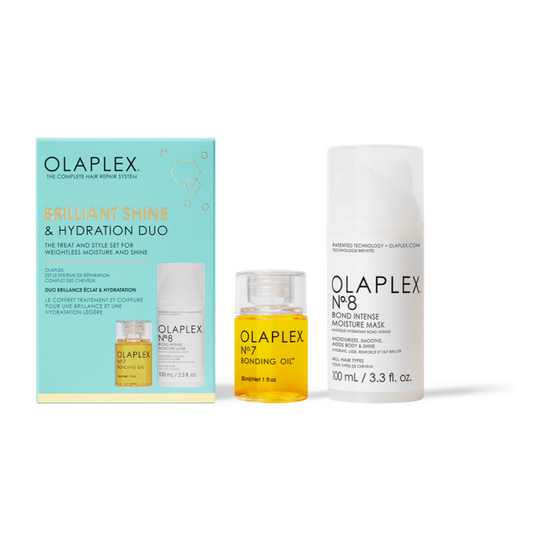 Olaplex, shine hydration duo, bonding oil No.7, bond intense moisture mask No.8, soin cheveux abîmés, duo capillaire, huile brillance cheveux, masque hydratant cheveux, protection thermique cheveux, vegan haircare, beautyfamily.ma, Maroc
