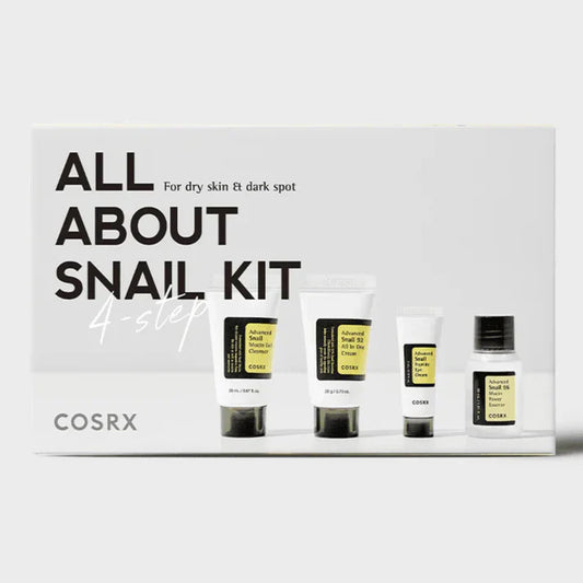 COSRX, snail mucin, kit 4 étapes, essence snail, crème snail, gel nettoyant mucus, contour yeux peptides, hydratation intense, soin K-beauty, soin réparateur, peau sensible, peau déshydratée, beautyfamily.ma, soins visage Maroc, cosmétique Corée, routine snail