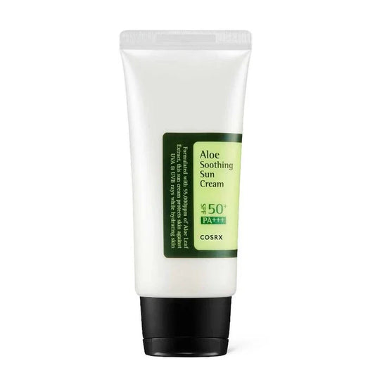 COSRX, sunscreen, aloe soothing sun cream, SPF50+, PA+++, écran solaire hydratant, aloe vera, protection UV, crème solaire visage, peau sensible, finition semi-mate, pas de trace blanche, hydratant, cosmétique K‑beauty, beautyfamily.ma