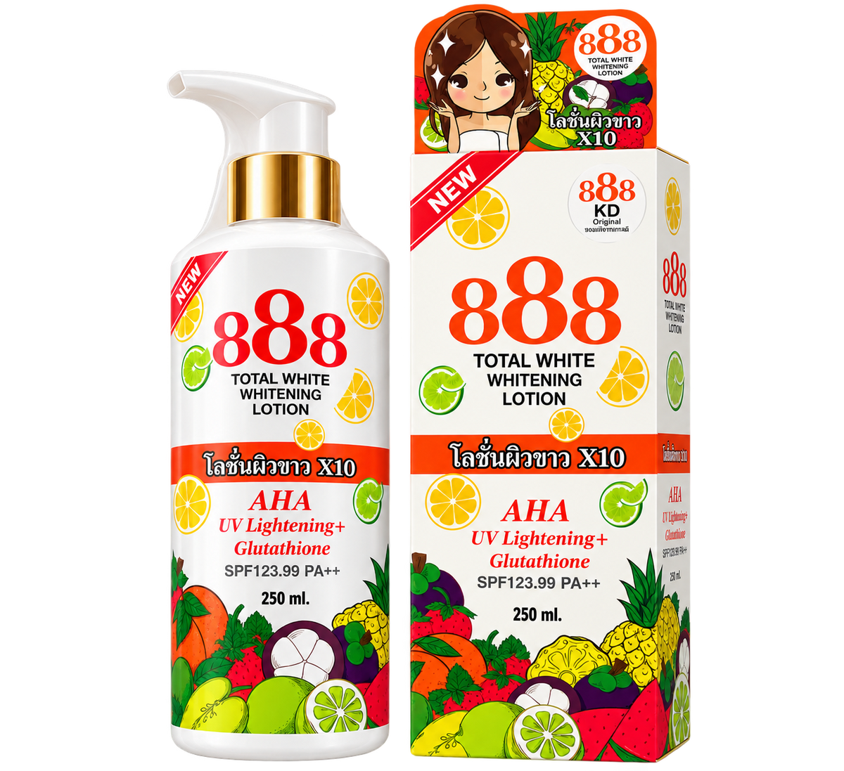 888 TOTAL WHITE WHITENING LOTION AHA UV LIGHTENING + GLUTATHIONE SPF35 PA++ 250ML