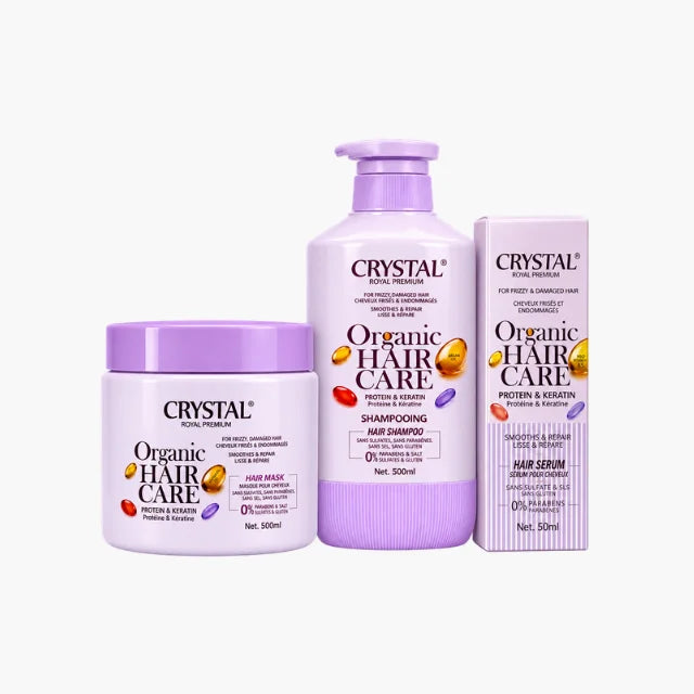 CRYSTAL ORGANIC HAIR CARE FOR FRIZZY & DAMAGED HAIR SHAMPOO + MASK + SERUM PACK