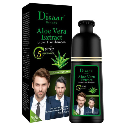 shampooing colorant aloe vera, Disaar shampooing brun, coloration cheveux blancs rapide, teinture cheveux naturelle sans ammoniaque, shampooing colorant sans sulfate, shampooing Disaar Maroc, shampooing coloration cheveux bruns, soin capillaire aloe vera Disaar, BeautyFamily coloration rapide cheveux
