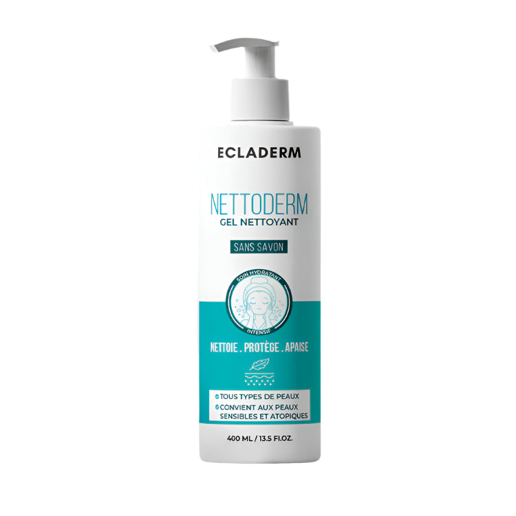 gel nettoyant sans savon, nettoyant visage doux, nettoyant peau sensible Maroc, Ecladerm Nettoderm Maroc, gel nettoyant non comédogène, soin visage quotidien, nettoyant hydratant sans sulfate, nettoyant visage Ecladerm, BeautyFamily nettoyant visage
