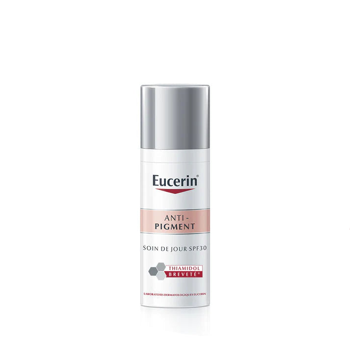 Eucerin Anti-Pigment, soin de jour SPF30, Thiamidol, réduction taches brunes, hyperpigmentation, acide hyaluronique, protection solaire, SPF30, soin anti-âge, teint uniforme, soin hydratant, prévention des taches, soin éclaircissant, peau éclatante, BeautyFamily.ma, soin peau sensible