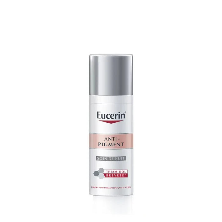 Eucerin Anti-Pigment, soin nuit anti-taches, Thiamidol, réduction hyperpigmentation, taches brunes, soin éclaircissant, peau uniforme, soin anti-âge, soin anti-taches, hydratation peau, acide hyaluronique, soin peau éclatante, teint uniforme, soin anti-pigmentation, BeautyFamily.ma, soin de nuit hydratant