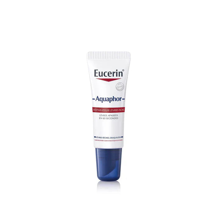 Eucerin Aquaphor, baume lèvres, lèvres gercées, réparation lèvres, hydratation lèvres, panthénol, baume réparateur, lèvres sèches, soin lèvres, protection lèvres, baume SOS, lèvres abîmées, soin hydratant, baume réparateur lèvres, BeautyFamily.ma