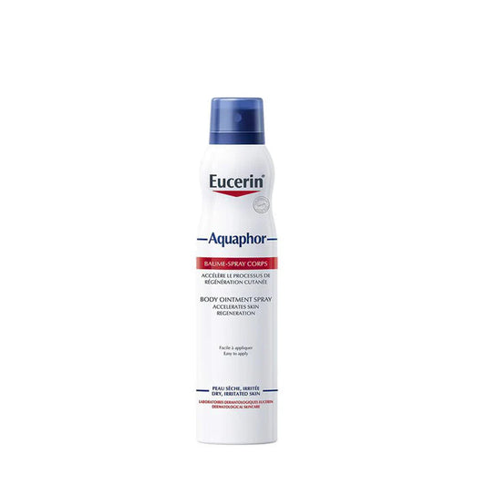 Eucerin Aquaphor, Baume-Spray Corps, soin peau sèche, hydratation intense, baume réparateur, peau abîmée, soin peau sensible, protection déshydratation, panthénol, bisabolol, baume corps Maroc, soins du corps, BeautyFamily.ma, peau nourrie, soin hydratant, soin corps Maroc