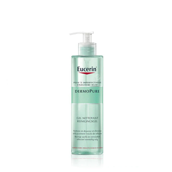 Eucerin DermoPure, gel nettoyant peau acnéique, acide salicylique, soin peau grasse, nettoyant purifiant, traitement acné, réduction boutons, gel nettoyant peau sensible, nettoyant peau grasse, soin peau acné, nettoyage en profondeur, peau fraîche, BeautyFamily.ma, peau nettoyée, soin peau purifiant