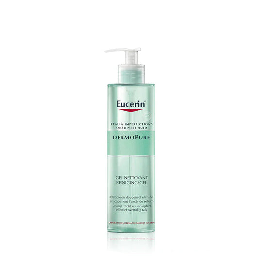 Eucerin DermoPure, gel nettoyant peau acnéique, acide salicylique, soin peau grasse, nettoyant purifiant, traitement acné, réduction boutons, gel nettoyant peau sensible, nettoyant peau grasse, soin peau acné, nettoyage en profondeur, peau fraîche, BeautyFamily.ma, peau nettoyée, soin peau purifiant