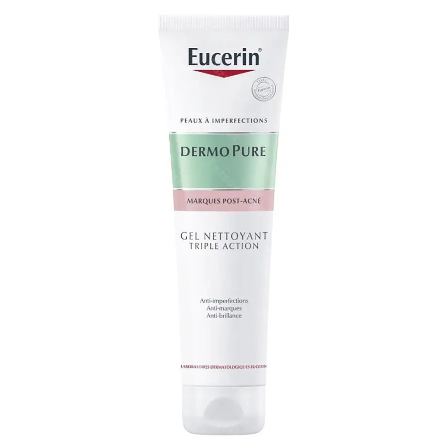 Eucerin DermoPure, gel nettoyant triple action, peau acnéique, acide salicylique, soin peau grasse, nettoyant purifiant, régule sébum, réduction boutons, points noirs, soin anti-acné, gel nettoyant peau sensible, peau nette et matifiée, BeautyFamily.ma, soin peau acné, peau purifiée