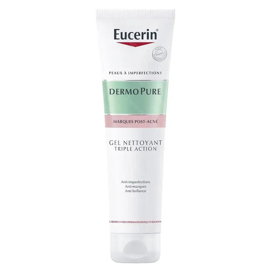 Eucerin DermoPure, gel nettoyant triple action, peau acnéique, acide salicylique, soin peau grasse, nettoyant purifiant, régule sébum, réduction boutons, points noirs, soin anti-acné, gel nettoyant peau sensible, peau nette et matifiée, BeautyFamily.ma, soin peau acné, peau purifiée