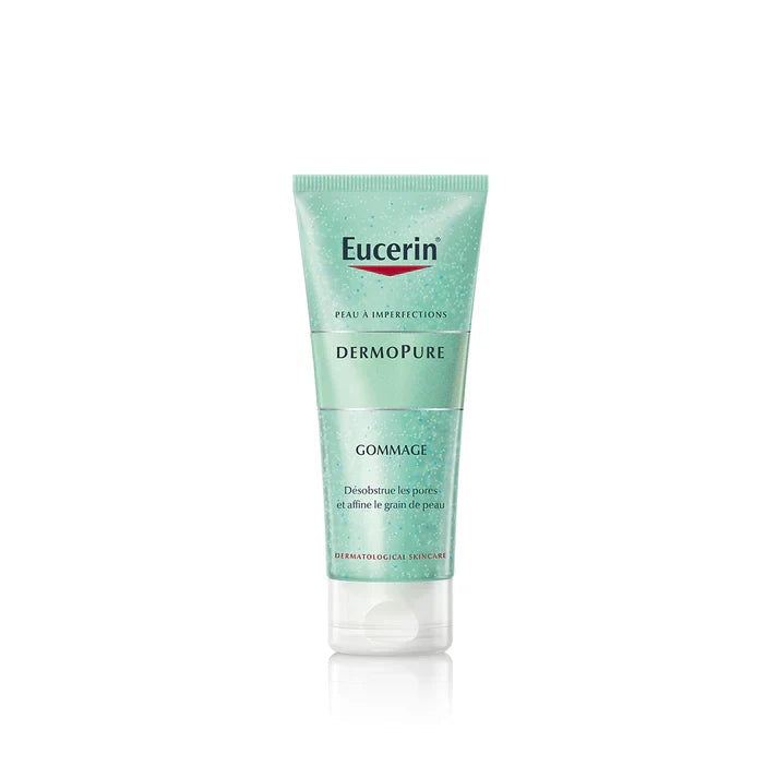Eucerin DermoPure, gommage peau acnéique, exfoliant peau grasse, acide salicylique, soin peau acné, réduction boutons, élimination points noirs, gommage purifiant, régulation sébum, peau lisse et nette, gommage doux, soin anti-acné, exfoliation en douceur, BeautyFamily.ma, peau purifiée, soin peau sensible