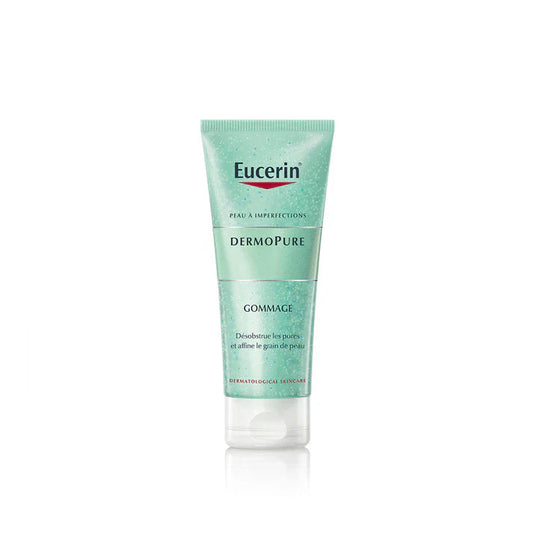 Eucerin DermoPure, gommage peau acnéique, exfoliant peau grasse, acide salicylique, soin peau acné, réduction boutons, élimination points noirs, gommage purifiant, régulation sébum, peau lisse et nette, gommage doux, soin anti-acné, exfoliation en douceur, BeautyFamily.ma, peau purifiée, soin peau sensible