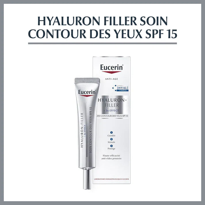 Eucerin, Hyaluron-Filler, 3x Effect, contour des yeux, SPF15, acide hyaluronique, anti-âge, protection solaire, regard jeune, BeautyFamily.ma, soin yeux
