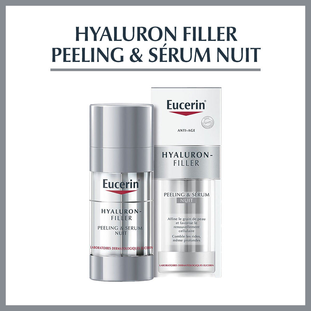 Eucerin, Eucerin Maroc, Hyaluron-Filler, Peeling & Sérum Nuit, soin anti-âge, acide hyaluronique, AHA, soin visage, sérum nuit, peeling doux, rides et ridules, peau éclatante, soin hydratant, renouvellement cellulaire, soin régénérant, produit Eucerin Maroc, BeautyFamily.ma, cosmétique Maroc, anti-rides, soin peau mature