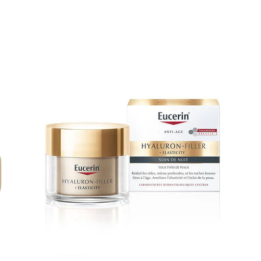 Eucerin Hyaluron-Filler, soin de nuit anti-âge, acide hyaluronique, carnosine, soin anti-rides, raffermissement peau, soin réparateur nuit, réduction des ridules, élasticité peau, soin peau mature, régénération nocturne, soin anti-âge, peau revitalisée, BeautyFamily.ma, crème de nuit hydratante