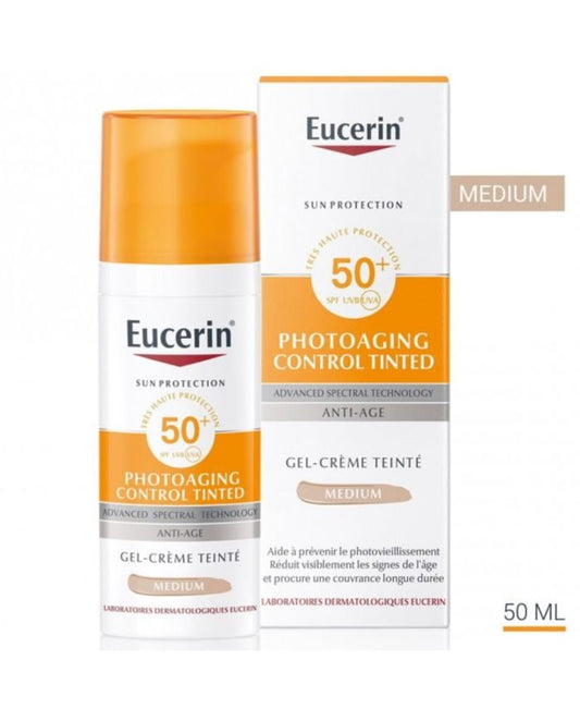 Eucerin, Photoaging Control, Tinted SPF50 Medium, protection solaire teintée, UVA UVB, HEVIS, teint unifié, peau sensible, protection quotidienne, BeautyFamily.ma