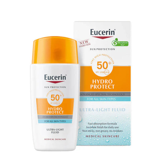 fluide solaire hydratant SPF50, Eucerin Hydro Protect Maroc, écran solaire léger visage, protection solaire invisible, fluide anti-UV non gras, soin solaire peaux sensibles, solaire HEVIS visage, gel-crème SPF50 hydratant, BeautyFamily solaire léger
